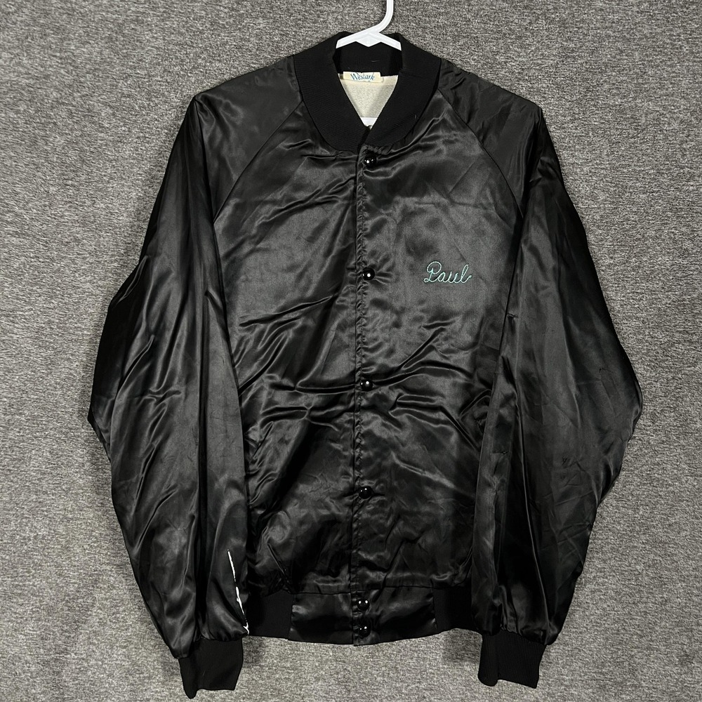 Vintage Westark Jacket Mens Large‎ Black Satin Bomber Club Soda USA 70s 80s